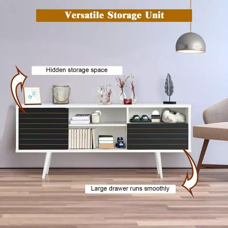 Costway Modern TV Stand/Console Cabinet 3 Shelves Storage Drawer Splayed Leg Black/White