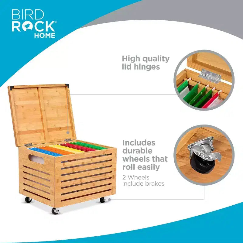 BirdRock Home Bamboo Rolling File Storage Organizer Box with Lid - Natural