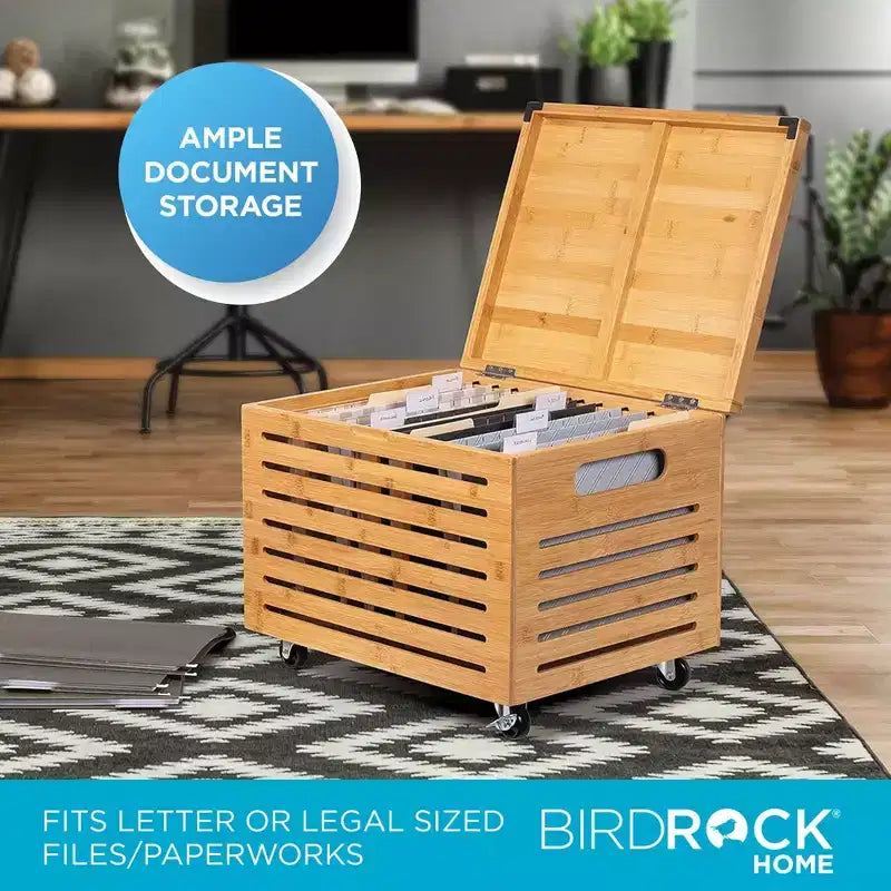 BirdRock Home Bamboo Rolling File Storage Organizer Box with Lid - Natural