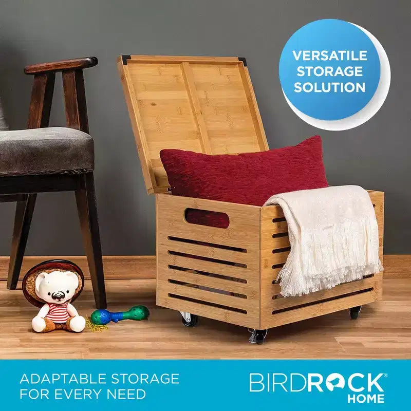 BirdRock Home Bamboo Rolling File Storage Organizer Box with Lid - Natural