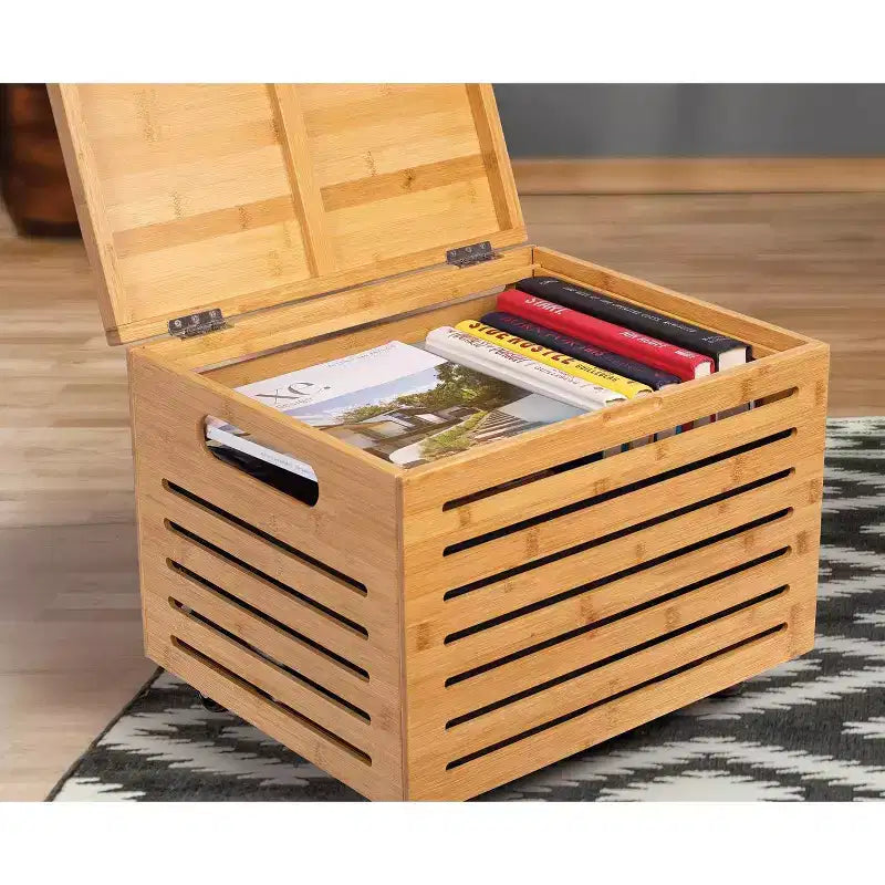 BirdRock Home Bamboo Rolling File Storage Organizer Box with Lid - Natural