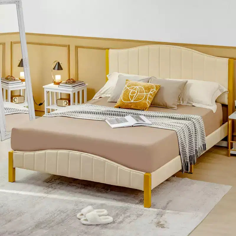 Costway Full\Queen Size Upholstered Bed Frame Mattress Foundation Platform Quilted Headboard