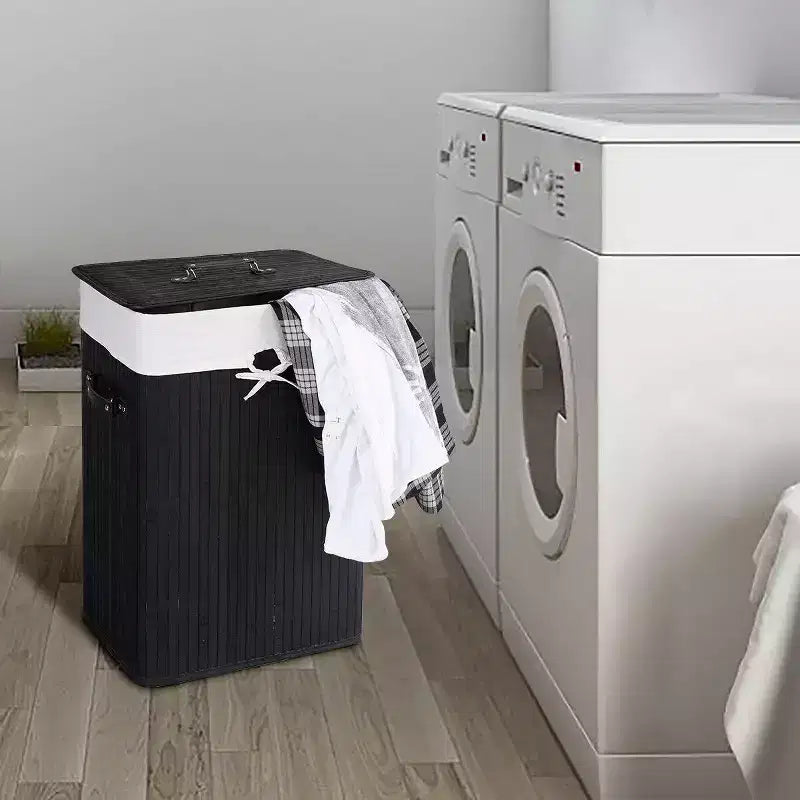 Costway Rectangle Bamboo Hamper Laundry Basket Washing Cloth Bin Bag Lid Black/Natural/Brown/Bamboo