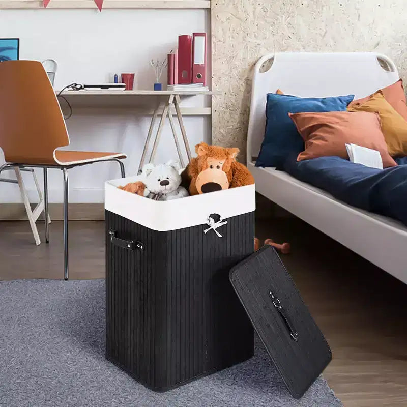 Costway Rectangle Bamboo Hamper Laundry Basket Washing Cloth Bin Bag Lid Black/Natural/Brown/Bamboo