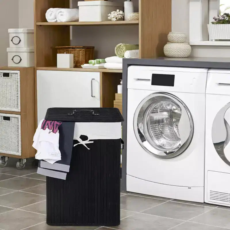 Costway Rectangle Bamboo Hamper Laundry Basket Washing Cloth Bin Bag Lid Black/Natural/Brown/Bamboo