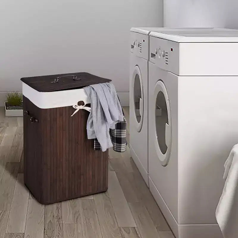 Costway Rectangle Bamboo Hamper Laundry Basket Washing Cloth Bin Bag Lid Black/Natural/Brown/Bamboo