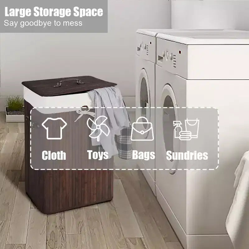 Costway Rectangle Bamboo Hamper Laundry Basket Washing Cloth Bin Bag Lid Black/Natural/Brown/Bamboo