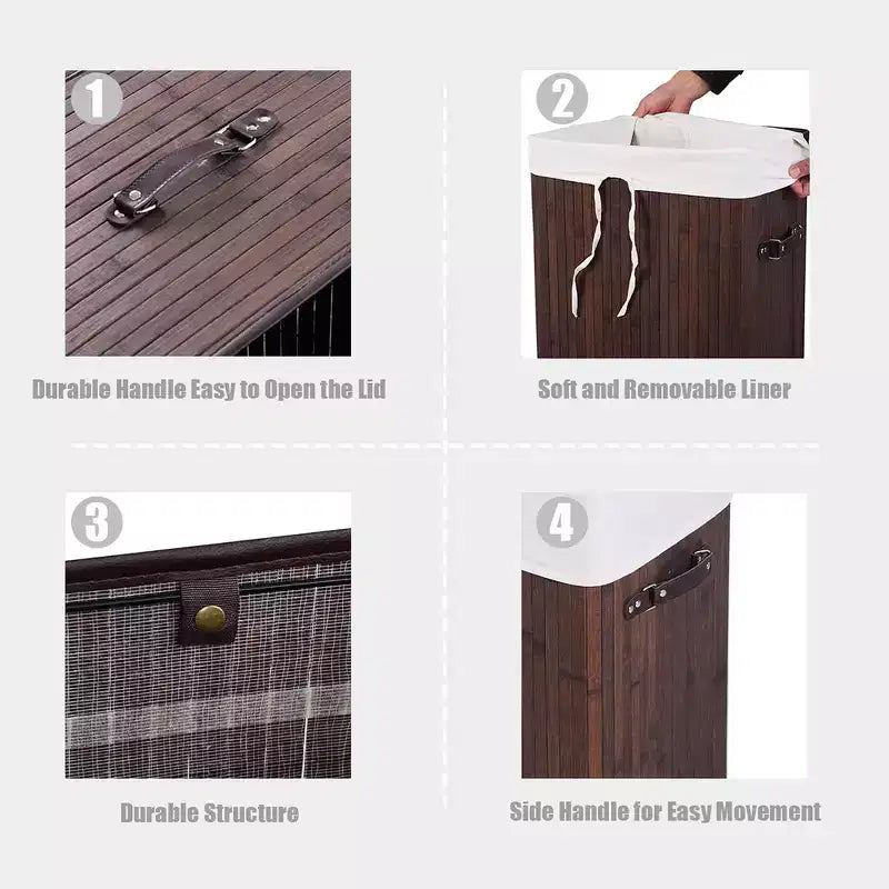Costway Rectangle Bamboo Hamper Laundry Basket Washing Cloth Bin Bag Lid Black/Natural/Brown/Bamboo