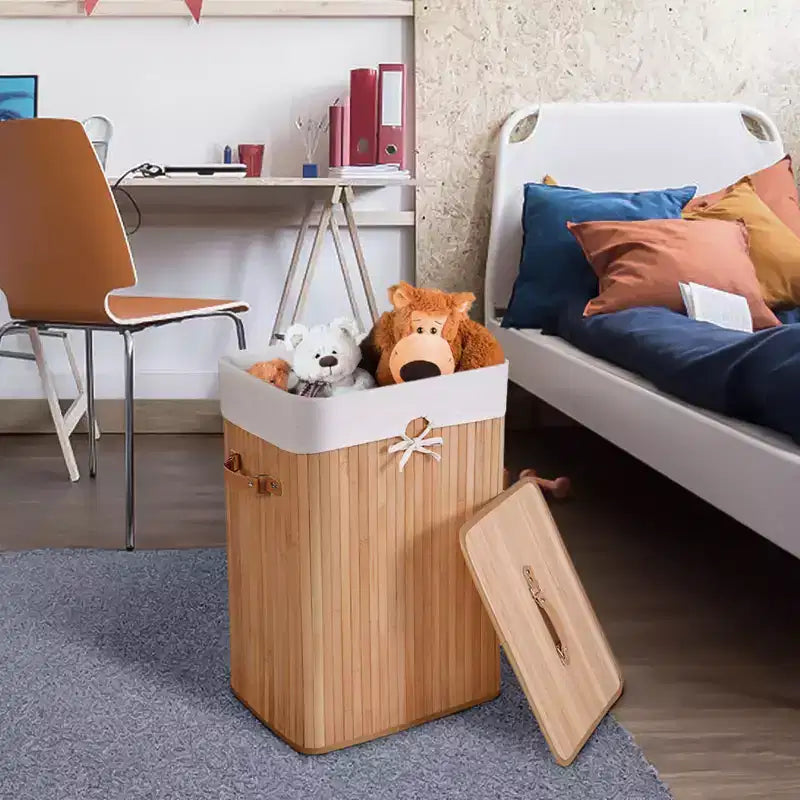 Costway Rectangle Bamboo Hamper Laundry Basket Washing Cloth Bin Bag Lid Black/Natural/Brown/Bamboo