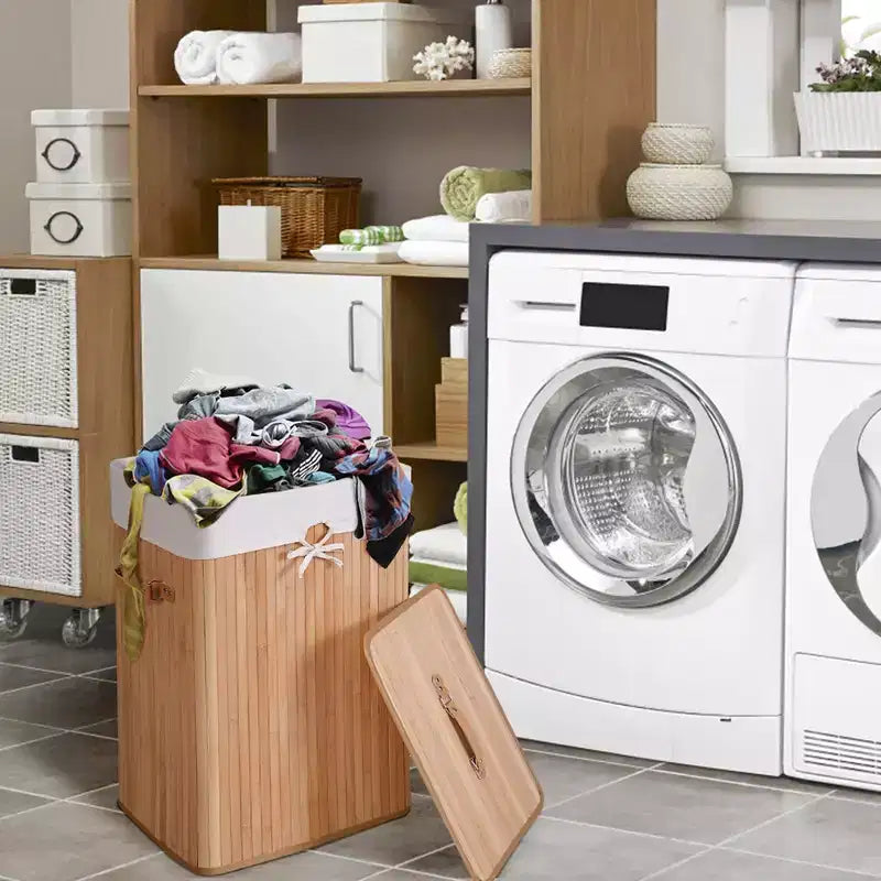 Costway Rectangle Bamboo Hamper Laundry Basket Washing Cloth Bin Bag Lid Black/Natural/Brown/Bamboo