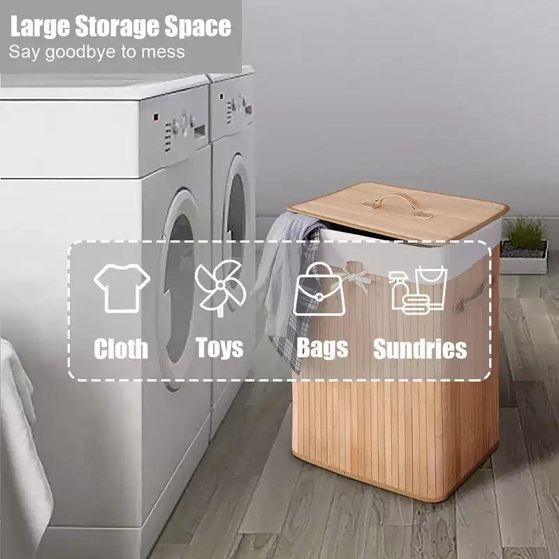 Costway Rectangle Bamboo Hamper Laundry Basket Washing Cloth Bin Bag Lid Black/Natural/Brown/Bamboo
