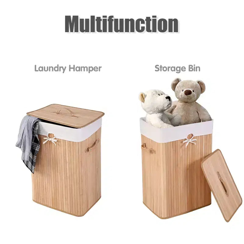 Costway Rectangle Bamboo Hamper Laundry Basket Washing Cloth Bin Bag Lid Black/Natural/Brown/Bamboo