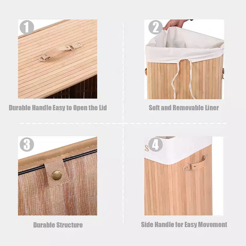 Costway Rectangle Bamboo Hamper Laundry Basket Washing Cloth Bin Bag Lid Black/Natural/Brown/Bamboo