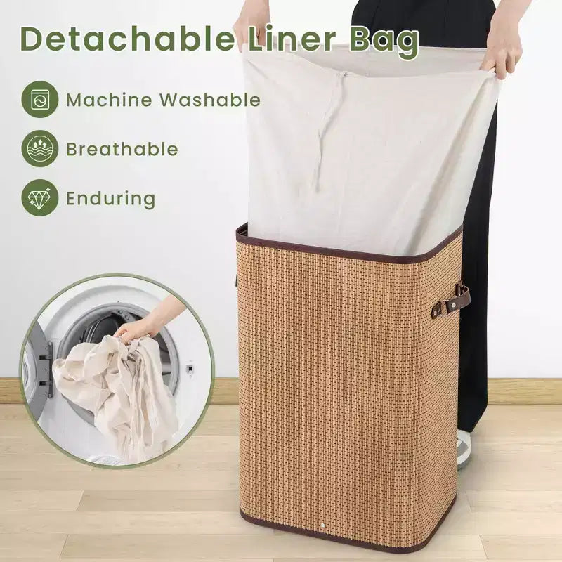 Costway Rectangle Bamboo Hamper Laundry Basket Washing Cloth Bin Bag Lid Black/Natural/Brown/Bamboo