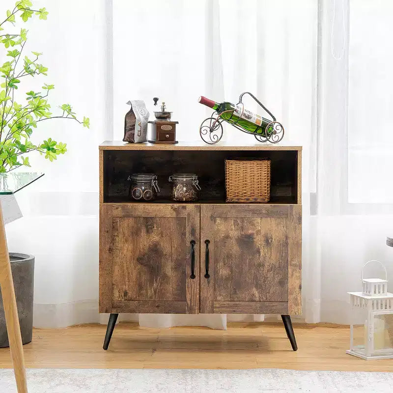Costway Mid-century Storage Cabinet Sideboard w/ Doors Wine Glass Racks Rustic Brown