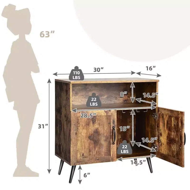 Costway Mid-century Storage Cabinet Sideboard w/ Doors Wine Glass Racks Rustic Brown