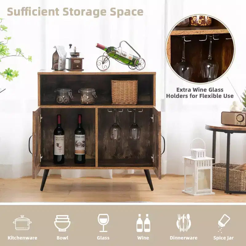 Costway Mid-century Storage Cabinet Sideboard w/ Doors Wine Glass Racks Rustic Brown