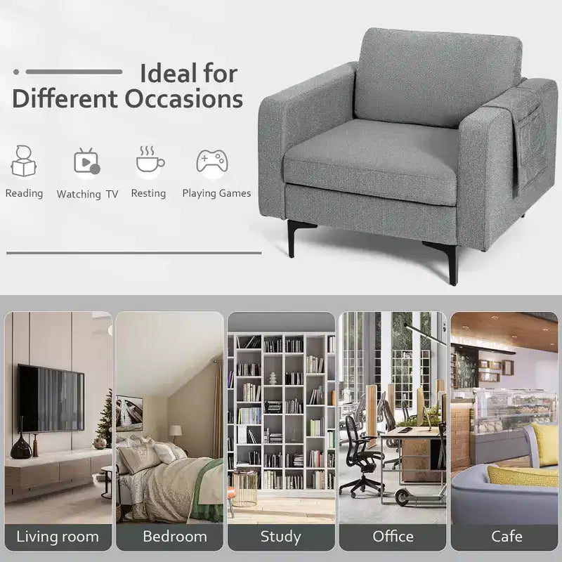 Costway Set of 2 Fabric Accent Armchair Single Sofa w/ Side Storage Pocket