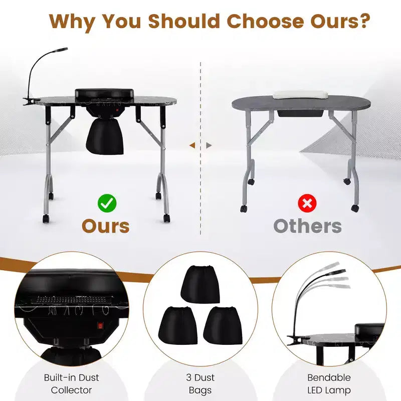 Costway Folding Manicure Table Portable Nail Desk with Dust Collector LED Lamp Carry Bag