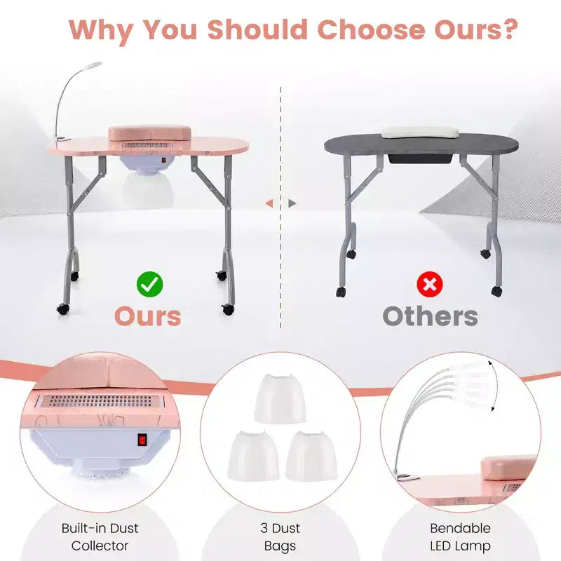 Costway Folding Manicure Table Portable Nail Desk with Dust Collector LED Lamp Carry Bag