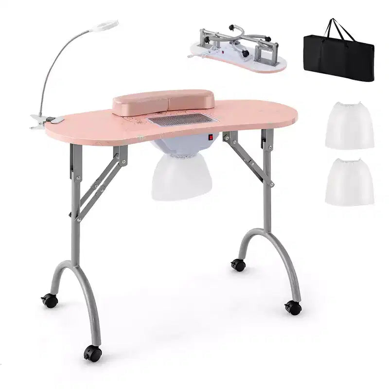 Table de manucure pliante Costway, bureau à ongles portable avec collecteur de poussière, lampe LED et sac de transport