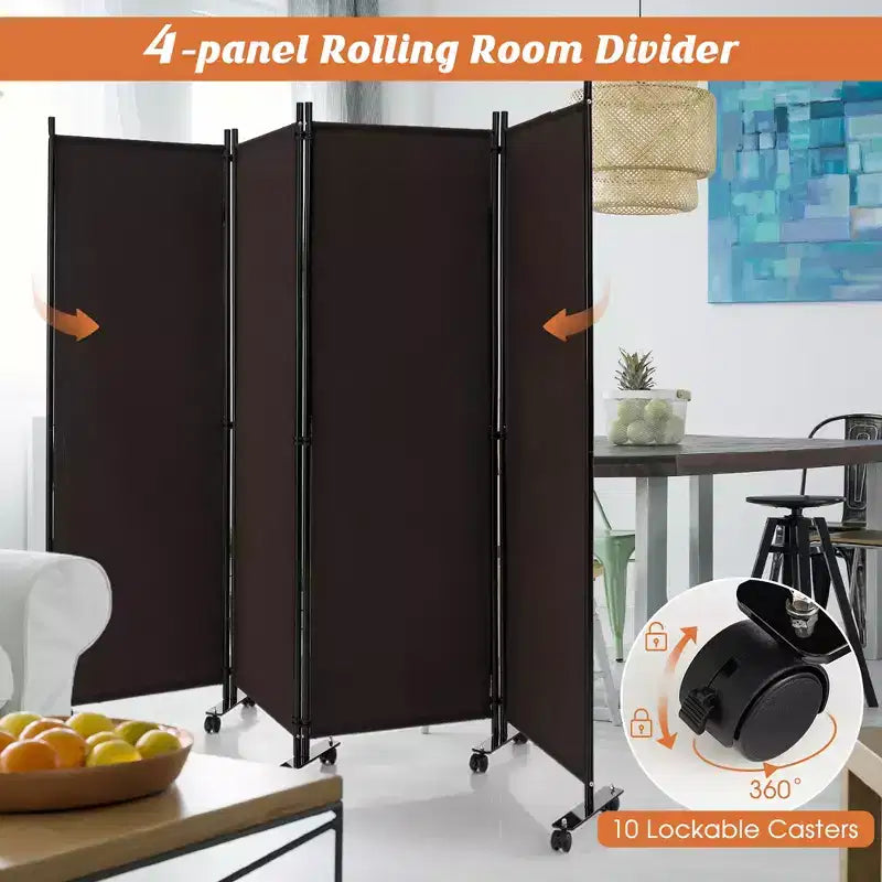 Costway 4-Panel Folding Room Divider 6FT Rolling Privacy Screen with Lockable Wheels Black/Brown/Grey/White