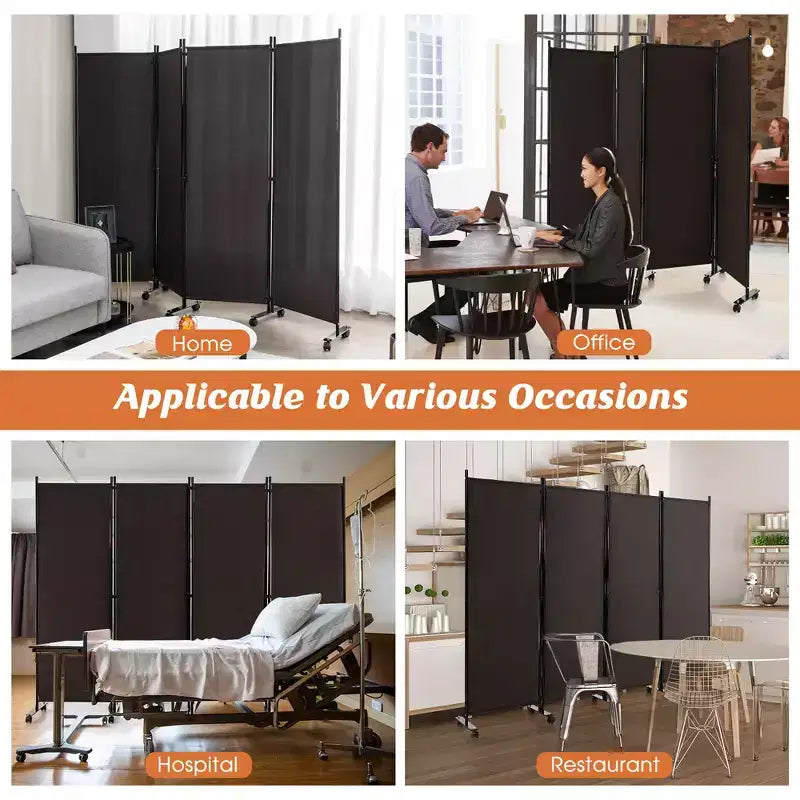 Costway 4-Panel Folding Room Divider 6FT Rolling Privacy Screen with Lockable Wheels Black/Brown/Grey/White
