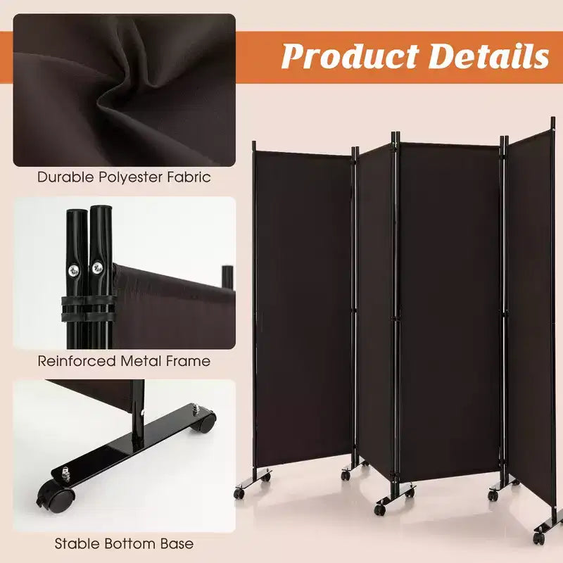 Costway 4-Panel Folding Room Divider 6FT Rolling Privacy Screen with Lockable Wheels Black/Brown/Grey/White