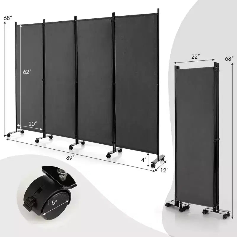 Costway 4-Panel Folding Room Divider 6FT Rolling Privacy Screen with Lockable Wheels Black/Brown/Grey/White