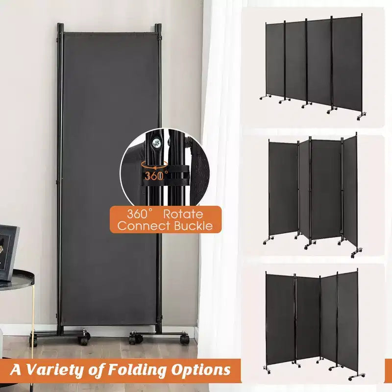 Costway 4-Panel Folding Room Divider 6FT Rolling Privacy Screen with Lockable Wheels Black/Brown/Grey/White