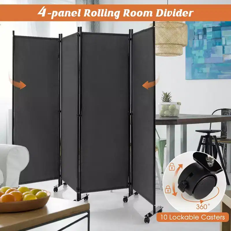 Costway 4-Panel Folding Room Divider 6FT Rolling Privacy Screen with Lockable Wheels Black/Brown/Grey/White