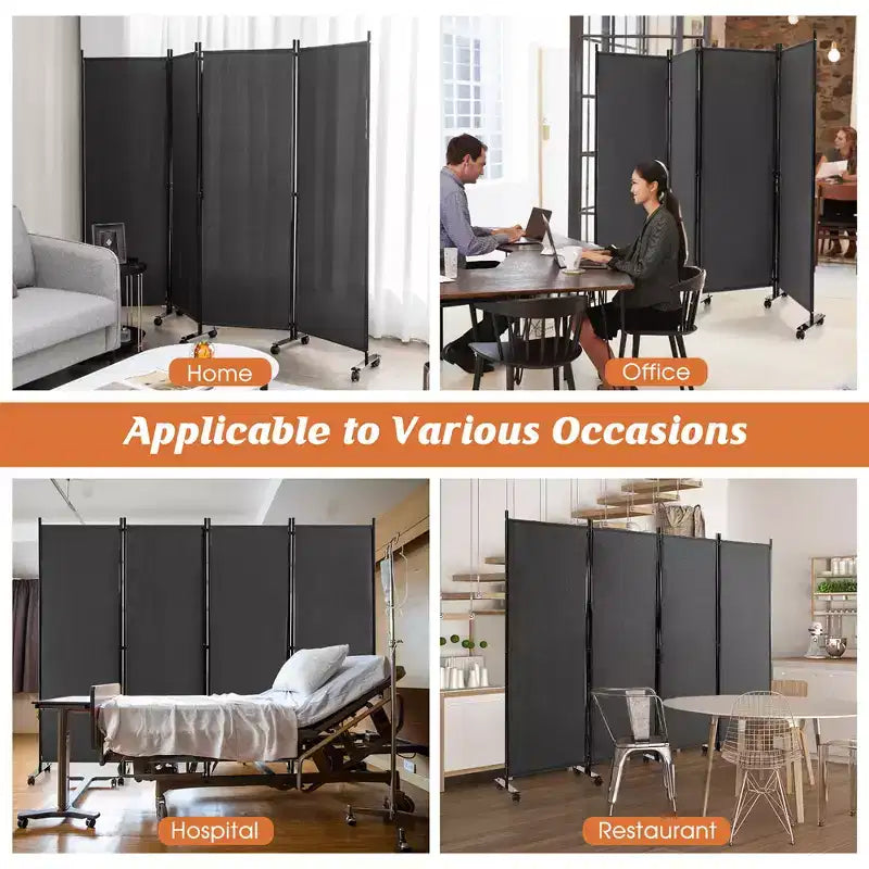 Costway 4-Panel Folding Room Divider 6FT Rolling Privacy Screen with Lockable Wheels Black/Brown/Grey/White