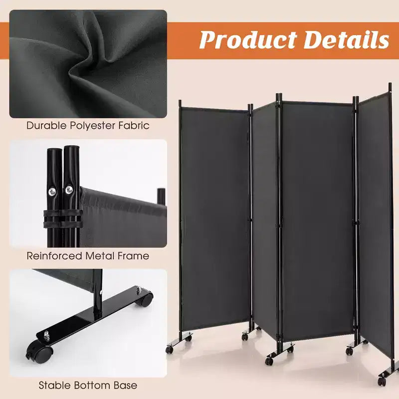 Costway 4-Panel Folding Room Divider 6FT Rolling Privacy Screen with Lockable Wheels Black/Brown/Grey/White