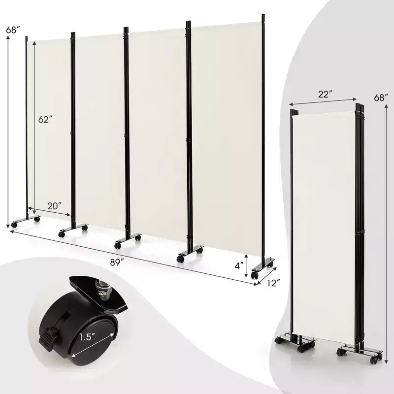 Costway 4-Panel Folding Room Divider 6FT Rolling Privacy Screen with Lockable Wheels Black/Brown/Grey/White