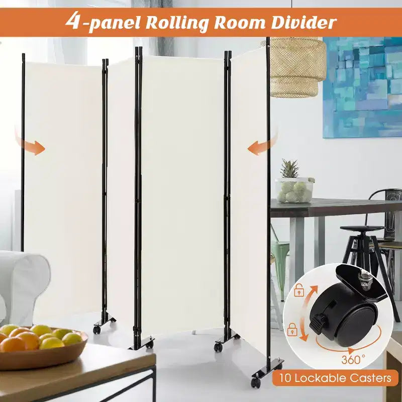 Costway 4-Panel Folding Room Divider 6FT Rolling Privacy Screen with Lockable Wheels Black/Brown/Grey/White