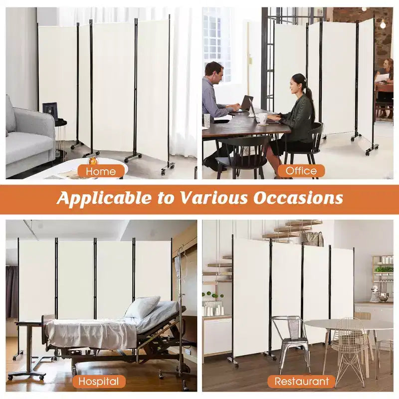 Costway 4-Panel Folding Room Divider 6FT Rolling Privacy Screen with Lockable Wheels Black/Brown/Grey/White