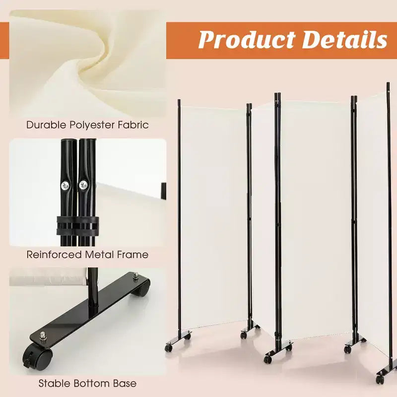 Costway 4-Panel Folding Room Divider 6FT Rolling Privacy Screen with Lockable Wheels Black/Brown/Grey/White
