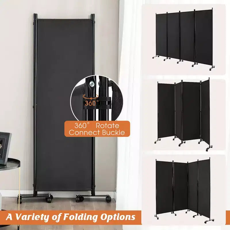 Costway 4-Panel Folding Room Divider 6FT Rolling Privacy Screen with Lockable Wheels Black/Brown/Grey/White