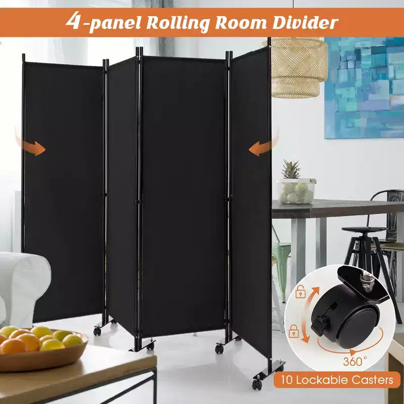Costway 4-Panel Folding Room Divider 6FT Rolling Privacy Screen with Lockable Wheels Black/Brown/Grey/White