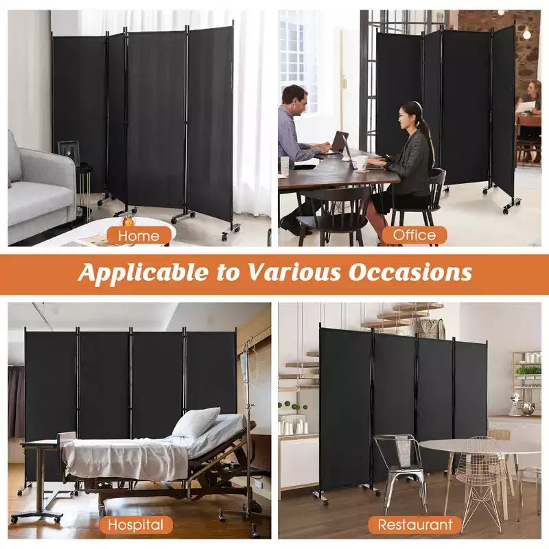 Costway 4-Panel Folding Room Divider 6FT Rolling Privacy Screen with Lockable Wheels Black/Brown/Grey/White
