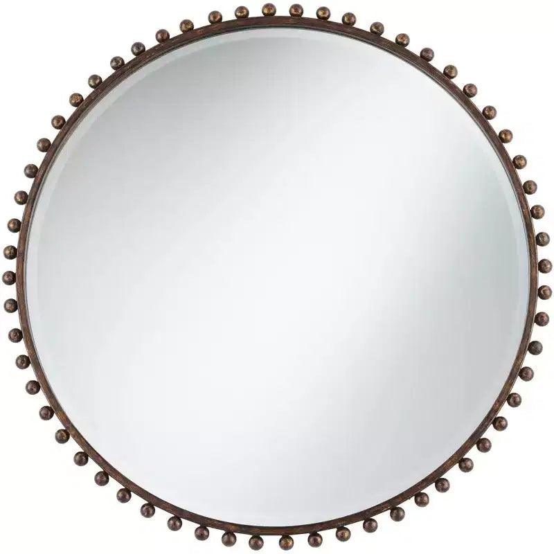 Uttermost Round Vanity Decorative Wall Mirror Rustic Beveled Glass Dark Bronze Beaded Iron Frame 32 Wide for Bathroom Living Room