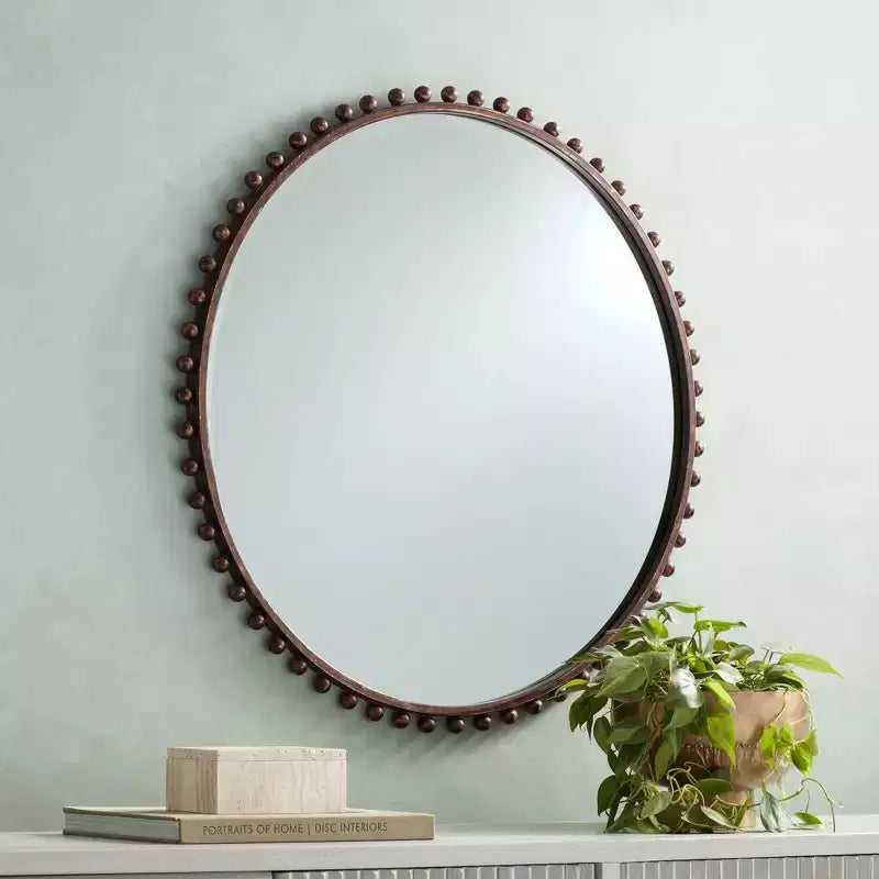 Uttermost Round Vanity Decorative Wall Mirror Rustic Beveled Glass Dark Bronze Beaded Iron Frame 32 Wide for Bathroom Living Room