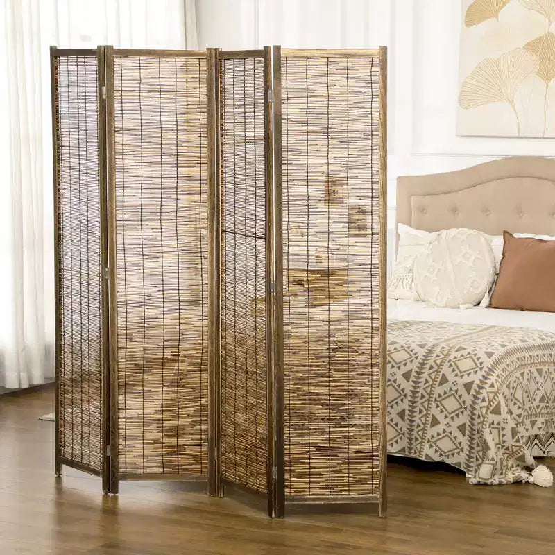 HOMCOM 5.5' Tall Room Divider with Wood & Hand Woven Reed, 4 Panel Folding Privacy Screens, Portable Partition Wall Divider