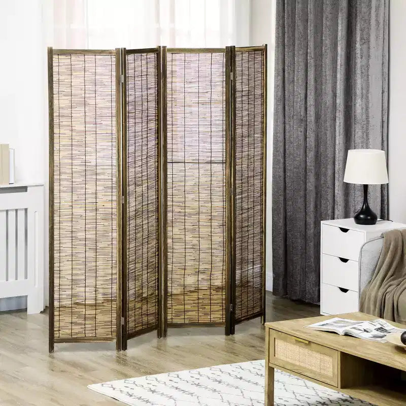 HOMCOM 5.5' Tall Room Divider with Wood & Hand Woven Reed, 4 Panel Folding Privacy Screens, Portable Partition Wall Divider