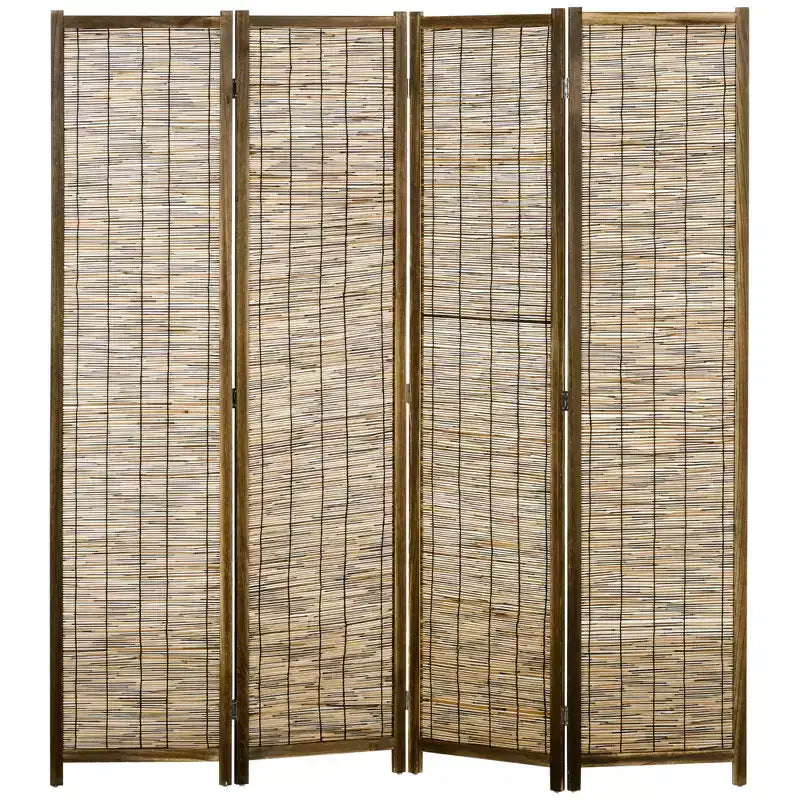 HOMCOM 5.5' Tall Room Divider with Wood & Hand Woven Reed, 4 Panel Folding Privacy Screens, Portable Partition Wall Divider