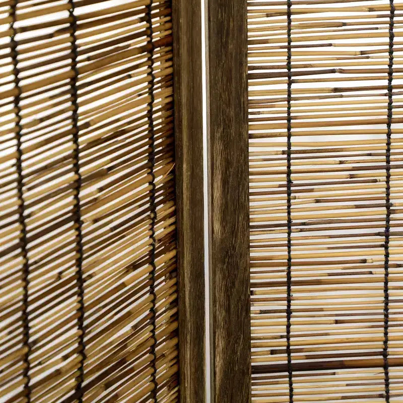 HOMCOM 5.5' Tall Room Divider with Wood & Hand Woven Reed, 4 Panel Folding Privacy Screens, Portable Partition Wall Divider