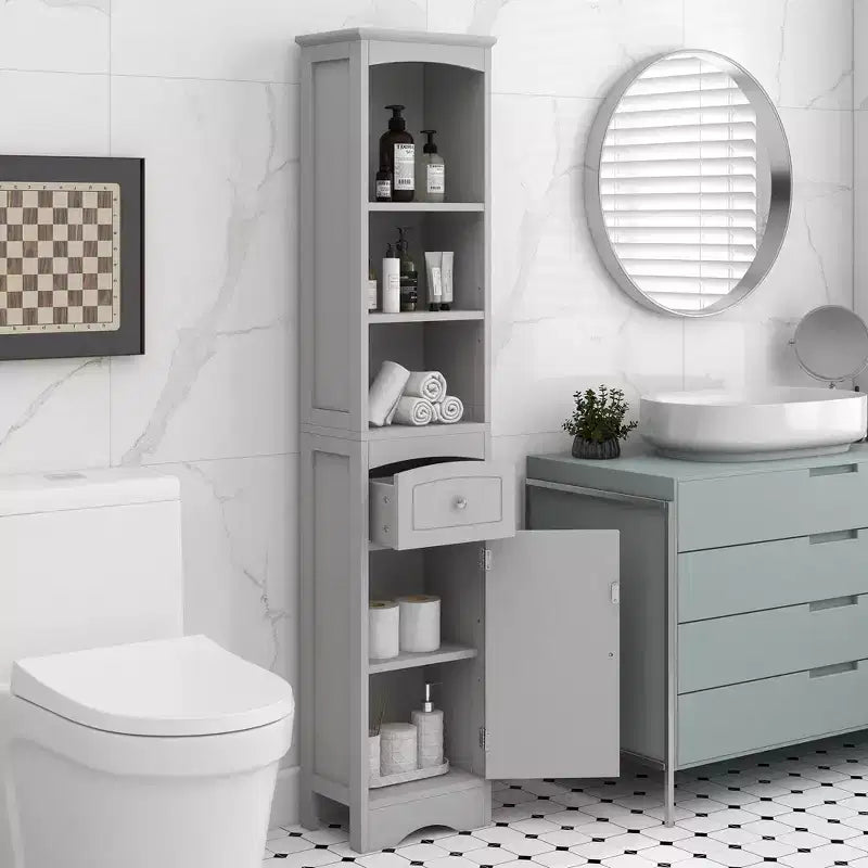 Tall Bathroom Storage Cabinet with Shelves, Drawer and Door, Slim Freestanding Linen Tower for Small Spaces - ModernLuxe