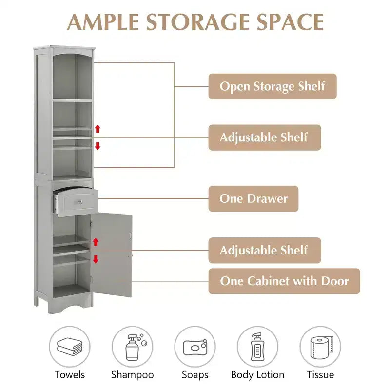 Tall Bathroom Storage Cabinet with Shelves, Drawer and Door, Slim Freestanding Linen Tower for Small Spaces - ModernLuxe