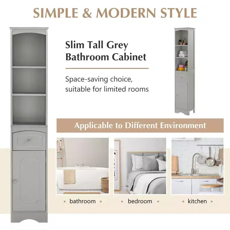 Tall Bathroom Storage Cabinet with Shelves, Drawer and Door, Slim Freestanding Linen Tower for Small Spaces - ModernLuxe