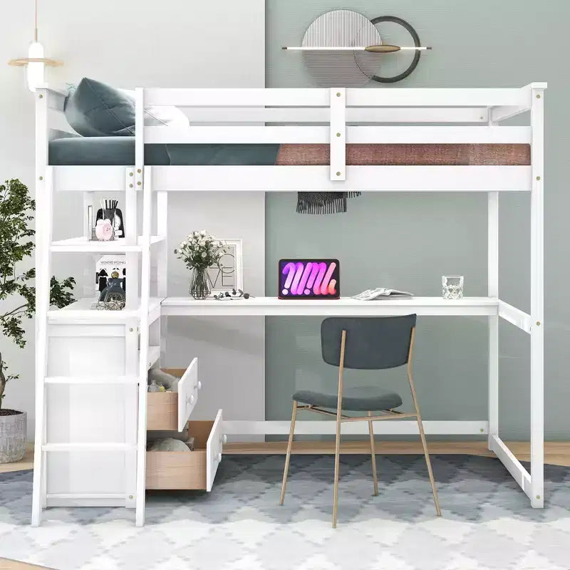 Full Size Loft Bed with Desk, Shelf and Two Built-in Drawers - ModernLuxe